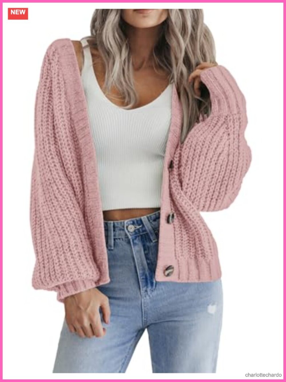 Women's Chunky Knit V-Neck Button Cardigan Long Sleeve